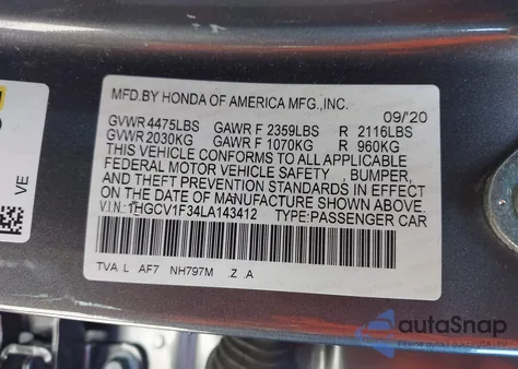 2020 Honda Accord Sport from USA, damaged, VIN 1HGCV1F34LA143412